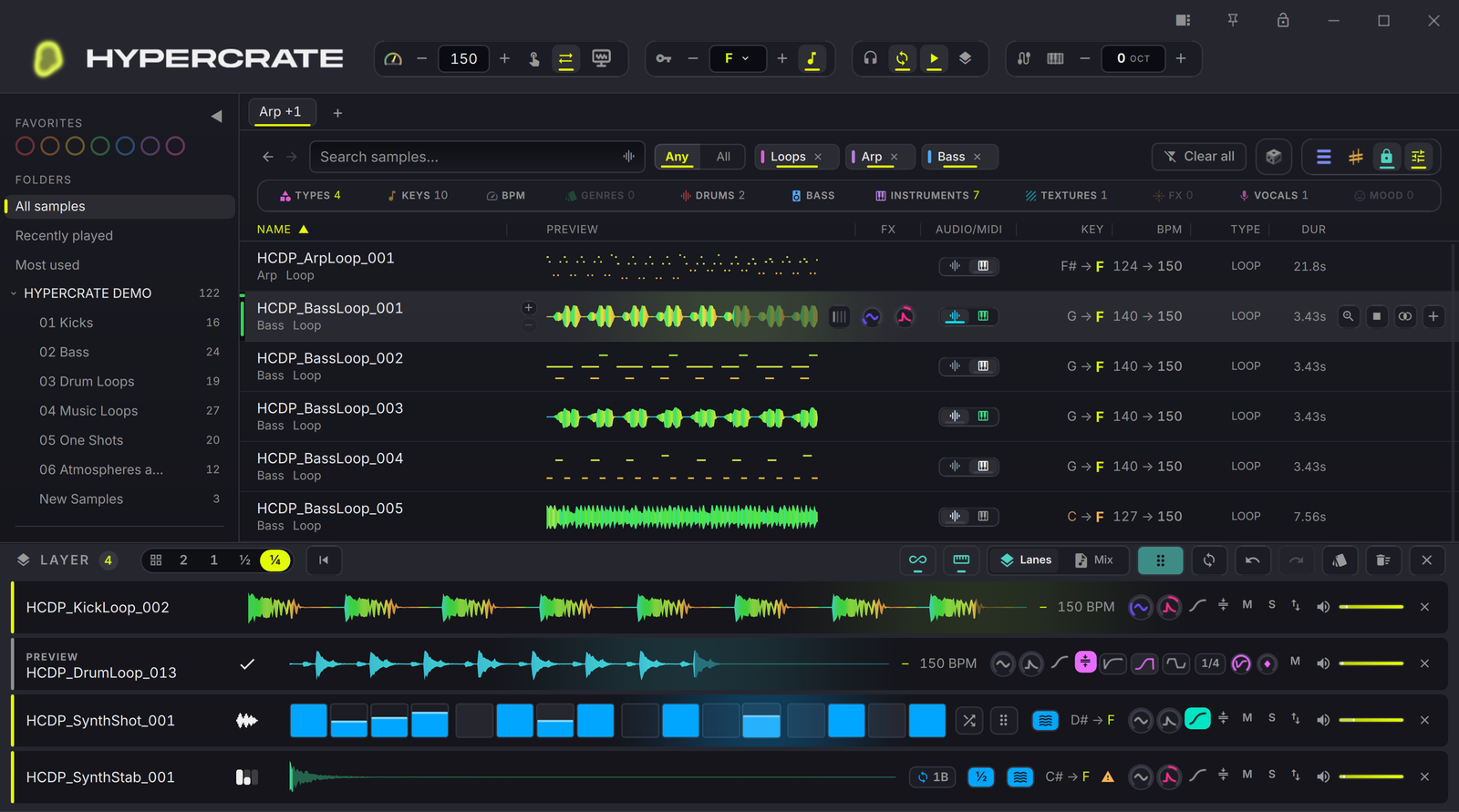 HYPERCRATE sample browser with key and tempo controls, category filters, waveform previews and the Layer Deck step sequencer